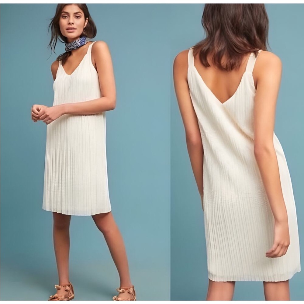 Anthropologie Meadow Rue Prespa Pleated V-Neck Tank Shift Dress Ivory Size 8
